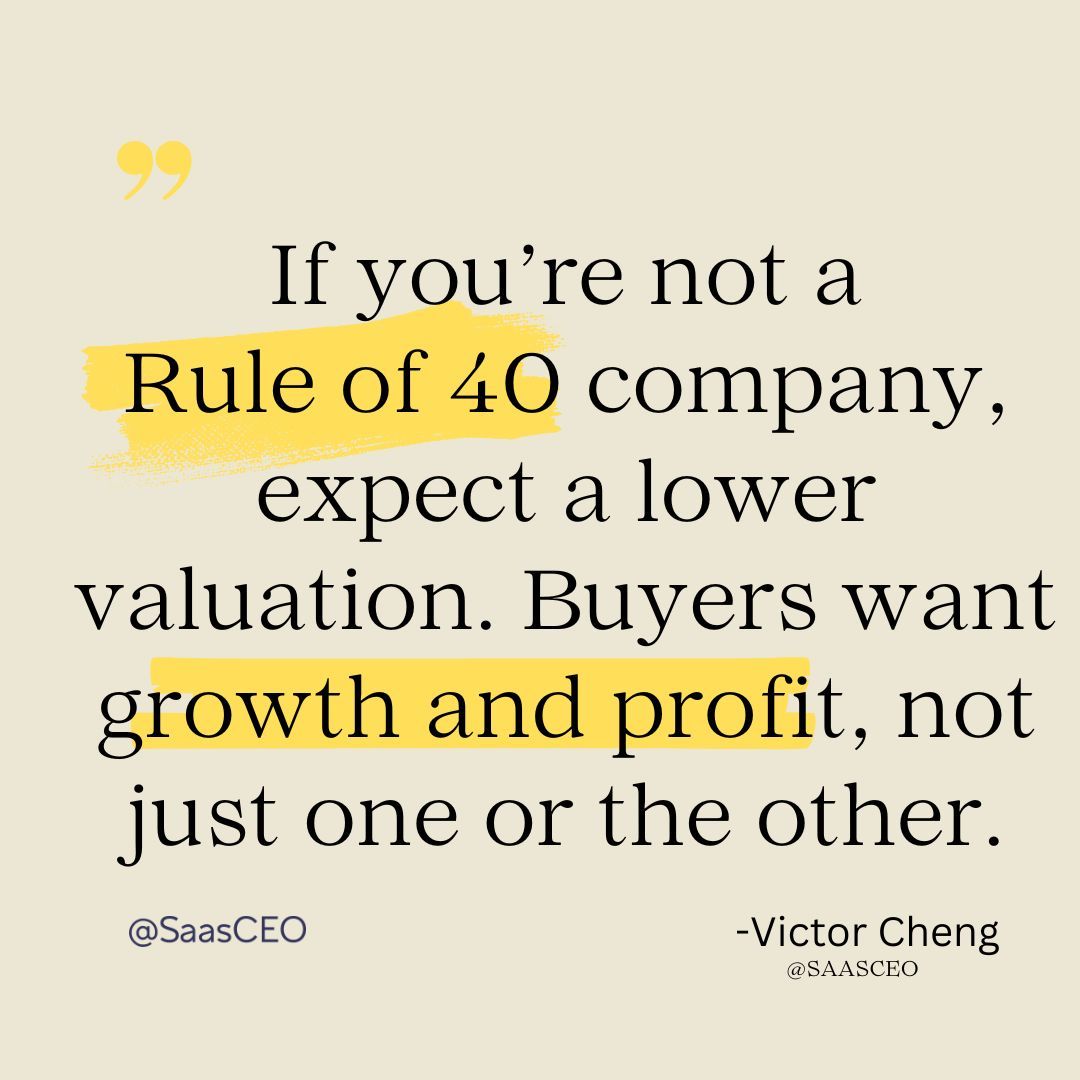 If you’re not a Rule of 40 company, expect a lower valuation.

Growth alone isn’t enough. Profit alone isn’t enough. Acquirers want both—especially in a tougher capital market.

#SaaS #RuleOf40 #TechFounders