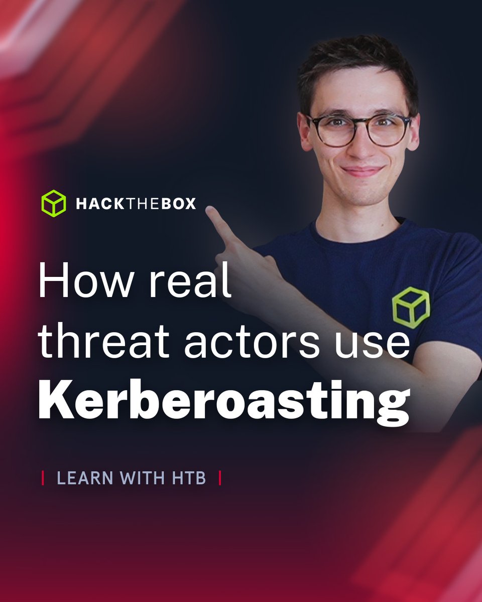 hackthebox_eu's tweet image. If passwords had nightmares, they’d dream about Kerberoasting 😈
Our new Learn With HTB episode with @PinkDraconian breaks down how attackers crack service tickets and turn low privileges into total AD takeover. Watch the full episode on YouTube: okt.to/CqJfvs

Don&apos;t…