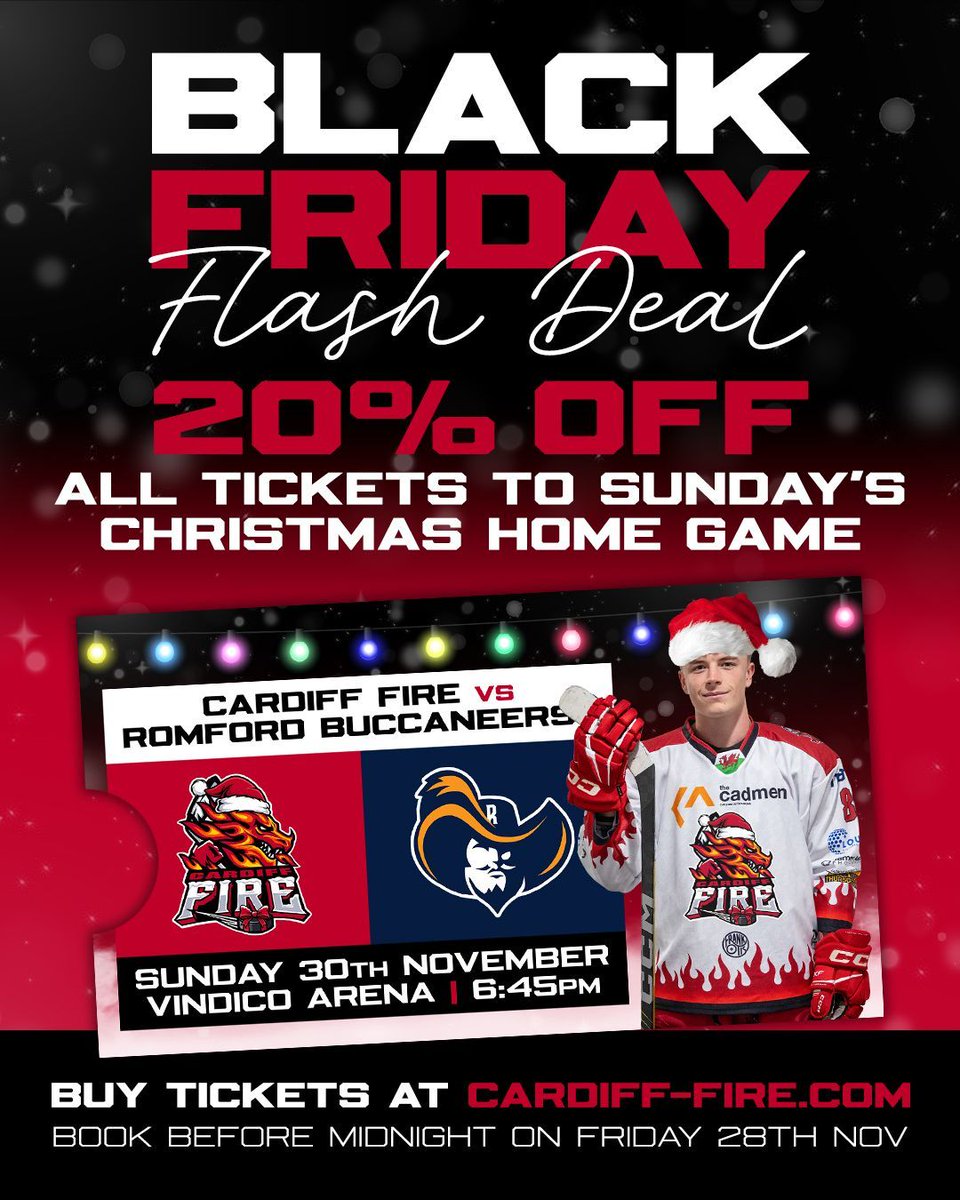 𝗕𝗟𝗔𝗖𝗞 𝗙𝗥𝗜𝗗𝗔𝗬 𝙁𝙡𝙖𝙨𝙝 𝘿𝙚𝙖𝙡 🚨🤩

Last chance to claim your exclusive discount 2️⃣0️⃣% off ALL TICKETS to Sunday's Christmas home game vs the Romford Buccaneers at the <a href="/VindicoArena/">Vindico Arena</a>

🎟️ Don't miss out ➡️ tickets.cardiff-fire.com