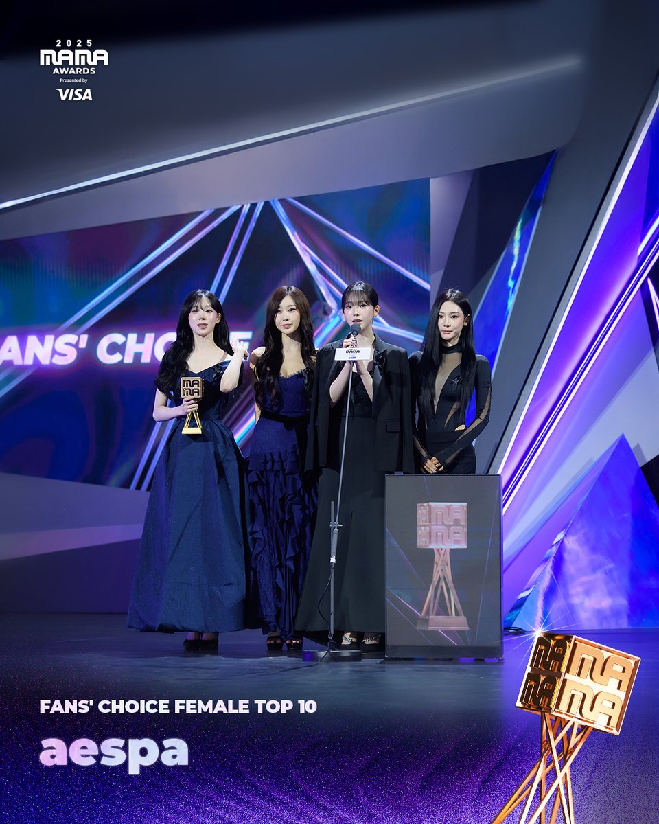 MnetMAMA's tweet image. [#2025MAMA] WINNER ANNOUNCEMENT of 2025 MAMA AWARDS🏆

FANS’ CHOICE FEMALE TOP 10 
aespa

HEAR MY ROAR, UH-HEUNG
2025 MAMA AWARDS

#MAMAAWARDS #2025MAMAAWARDS