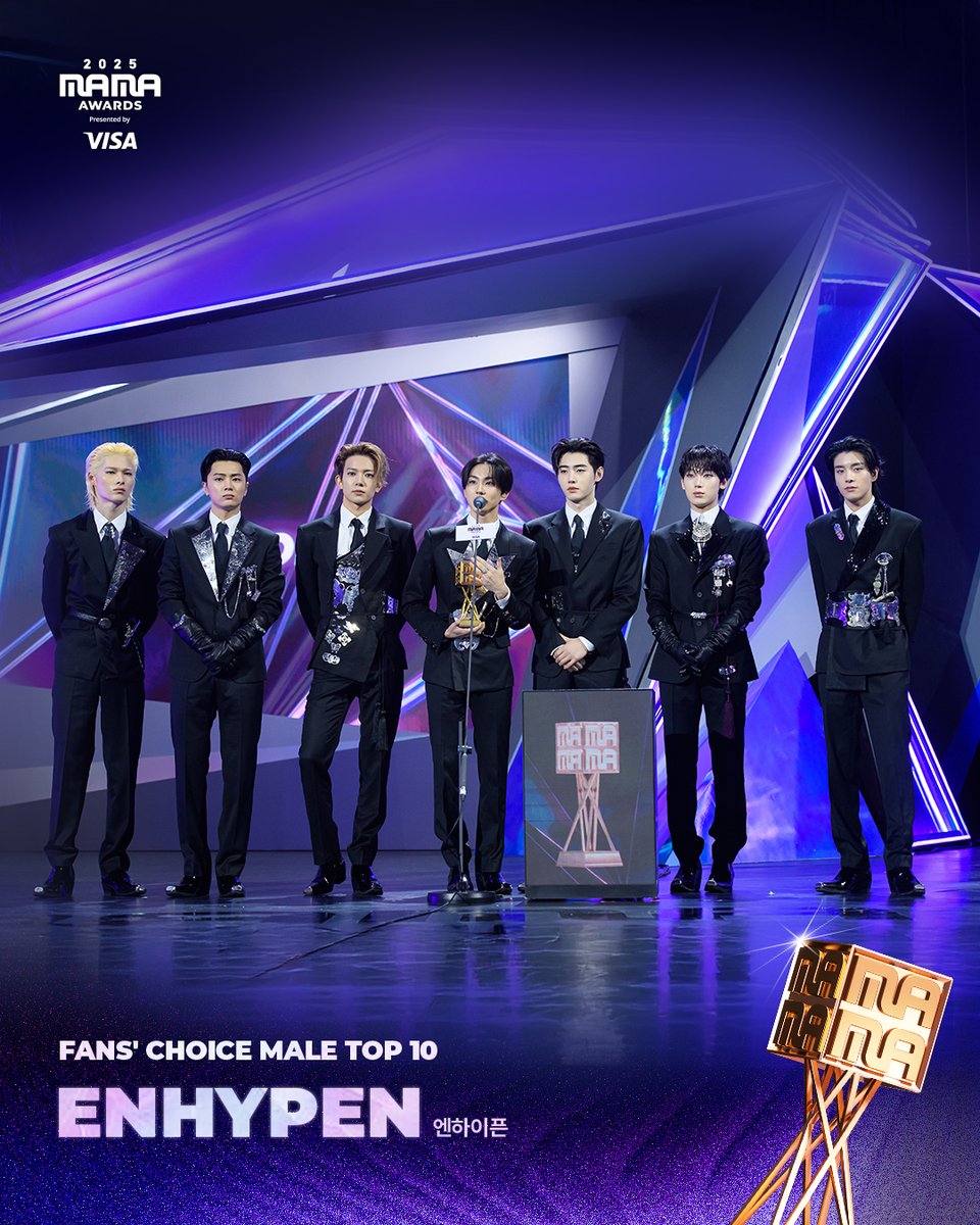 [#2025MAMA] WINNER ANNOUNCEMENT of 2025 MAMA AWARDS🏆

FANS’ CHOICE MALE TOP 10
ENHYPEN (엔하이픈)

HEAR MY ROAR, UH-HEUNG
2025 MAMA AWARDS

#MAMAAWARDS #2025MAMAAWARDS