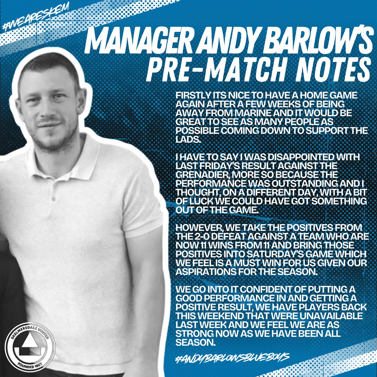 Skemutdofficial's tweet photo. A note from the Gaffa ahead of Tomorrow’s Fixture! 💙🆎
#weareskem #skem #united #blue #blueboys #supportyourlocal #showyoursupport #newera #notjustagame #crosbyunited #awayday #football #yourtown #fixtures #lcfa #premi̇erleague https://t.co/onAFwoiPOd