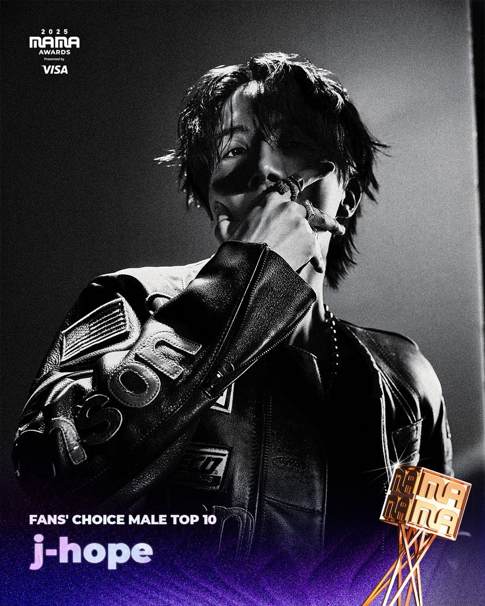 MnetMAMA's tweet image. [#2025MAMA] WINNER ANNOUNCEMENT of 2025 MAMA AWARDS🏆

FANS’ CHOICE MALE TOP 10
j-hope

HEAR MY ROAR, UH-HEUNG
2025 MAMA AWARDS

#MAMAAWARDS #2025MAMAAWARDS
