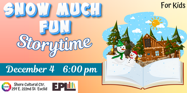 EuclidLibrary's tweet image. Who&apos;s ready to &apos;chill&apos; with us on December 4 at 6:00 pm?  We&apos;re throwing a snow-tastic story time party at the Shore Cultural Centre with crafts, games, and stories galore! For kiddos, of course!
#storytime #OurEuclid