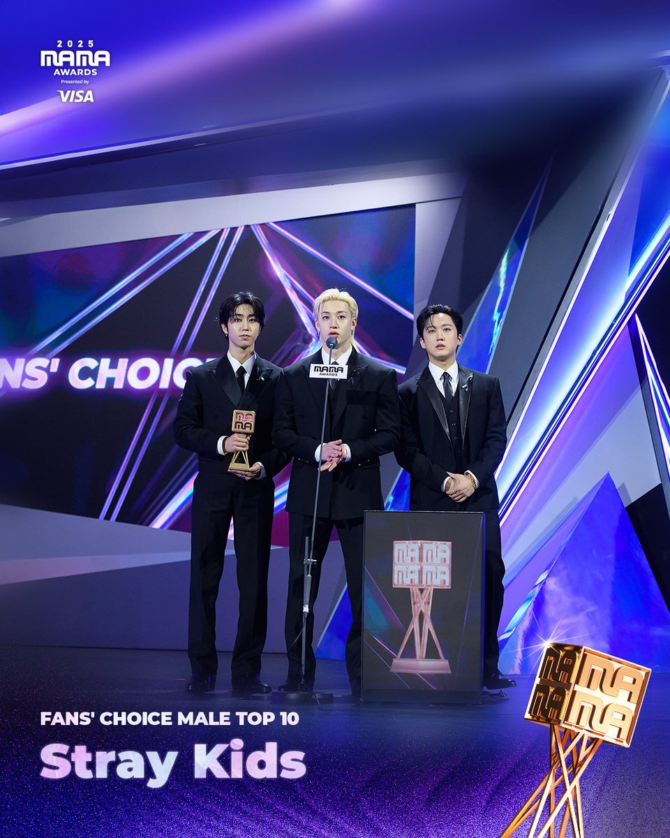 MnetMAMA's tweet image. [#2025MAMA] WINNER ANNOUNCEMENT of 2025 MAMA AWARDS🏆

FANS’ CHOICE MALE TOP 10
Stray Kids

HEAR MY ROAR, UH-HEUNG
2025 MAMA AWARDS

#MAMAAWARDS #2025MAMAAWARDS