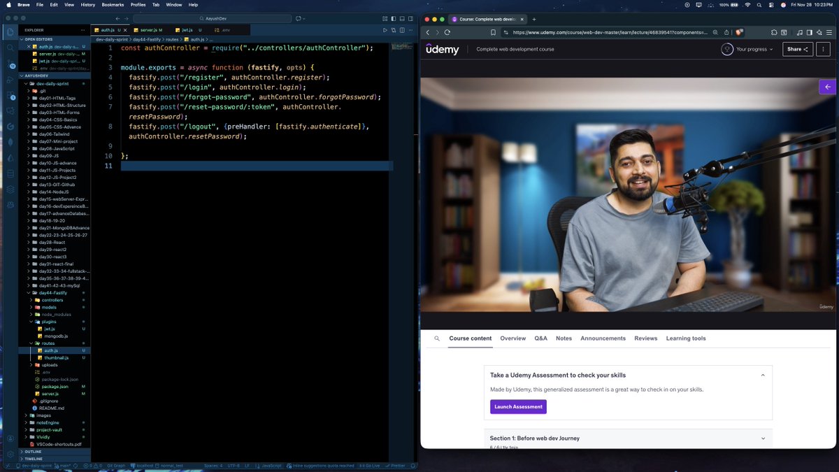 aayushsaini_dev's tweet image. 🚀 Wrapped up today by adding auth (JWT) + routes using Fastify plugins — and  I’ve officially fallen in love with Fastify’s shorthand route declarations 😍
Huge thanks to @hiteshchoudhary sir for this solid content 🔥
#javascript #fastify #backend #webdev #buildinpublic