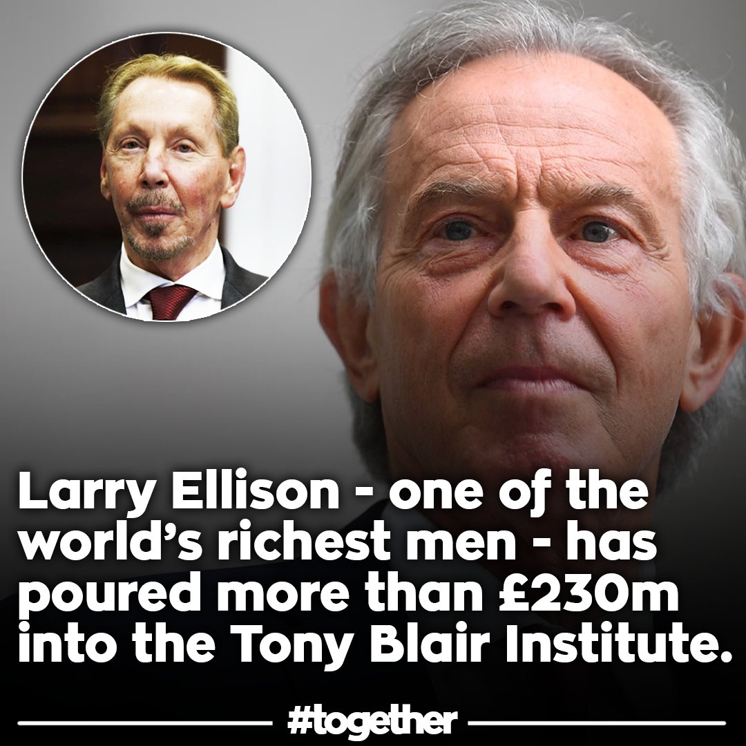 Togetherdec's tweet image. Larry Ellison - one of the world’s richest men - has poured more than £230m into the Tony Blair Institute

TBI is one of the loudest advocates for state-run Digital ID

The public doesn’t want Digital ID, and Labour never put it in their manifesto

So who’s really steering the…