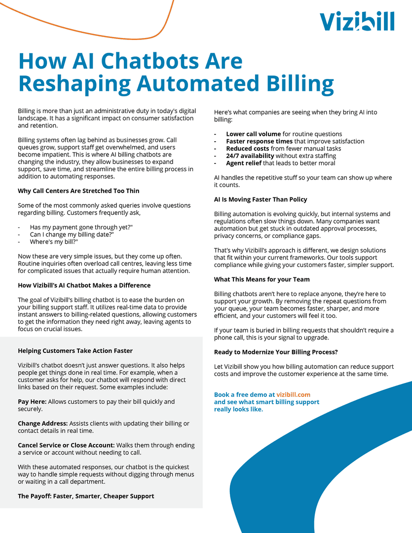 Vizibill's tweet photo. AI chatbots are changing the way businesses handle billing. Faster responses, fewer repeat questions, and support teams that can finally focus on the work that matters.

Our latest blog post breaks down how AI driven billing support reduces wait times, improves customer satisfaction, and cuts operational costs without disrupting compliance.

If your team is overloaded with routine billing questions, this is your sign to upgrade. Read the full post at https://t.co/Ag31kuWjTL.