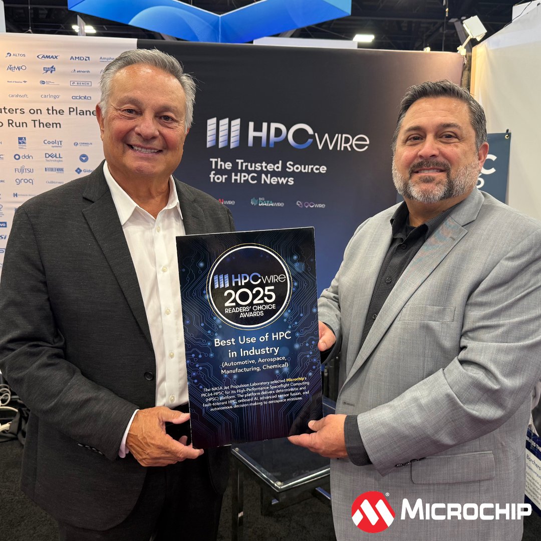 MicrochipTech's tweet image. Our PIC64-HPSC was awarded the &quot;Reader&apos;s Choice Award 2025&quot; in the category of &quot;Best Use of HPC in the Industry&quot; by HPCwire. Our Lance Mitts attended the SuperComputing Conference to accept the award; pictured here with Tom Tabor (left), president and CEO of TCI Media, publisher…