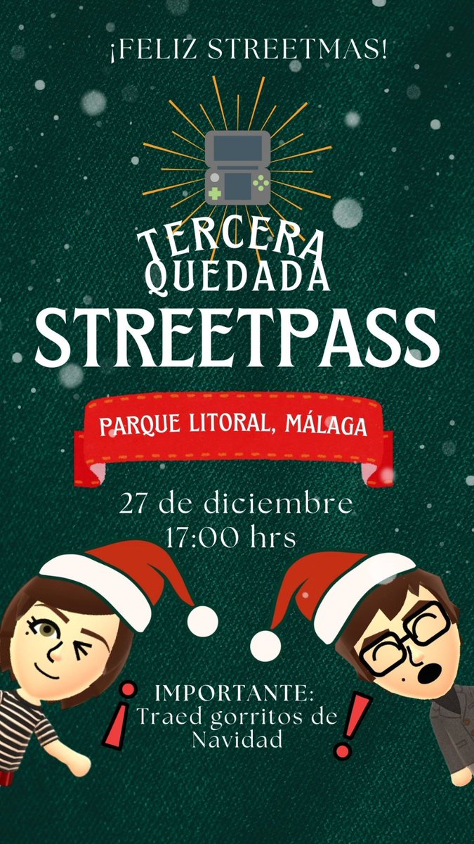 ¡¡FELIZ STREETMAS!!
La tercera quedada de Que Vuelva el Streetpass, ambientada en Navidad, tendrá lugar el sábado 27 de diciembre en el Parque Litoral a las 17:00
¡¡QUE EMPIECE EL HYPE!!