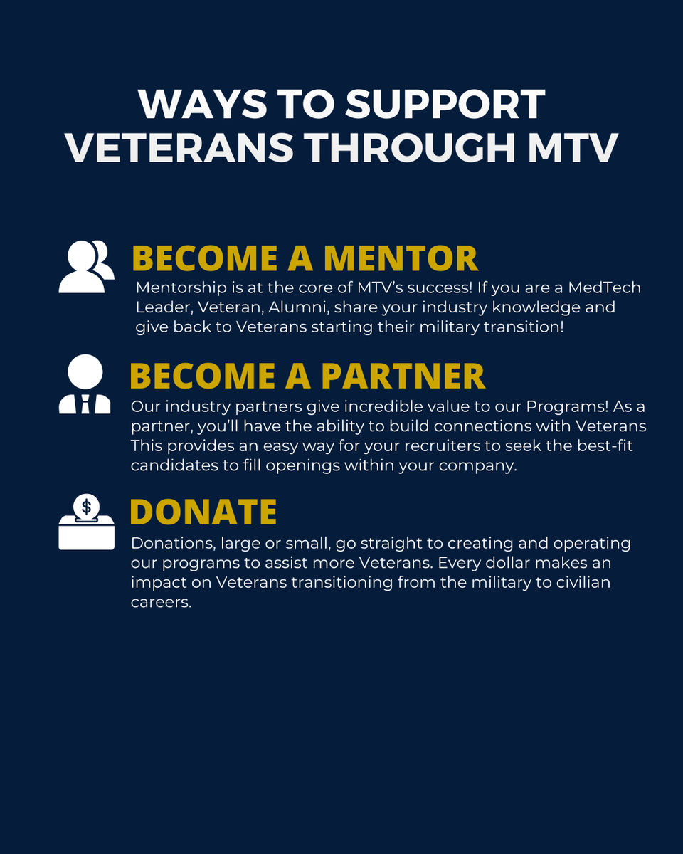 medtechveterans's tweet image. Give back to Veterans by supporting MedTechVets this #GivingTuesday!

We’re empowering veterans to transition into meaningful careers in MedTech through our Foundational &amp;amp; Executive Leadership Programs.

👉 Support MedTechVets: medtechvets.org/support-us/