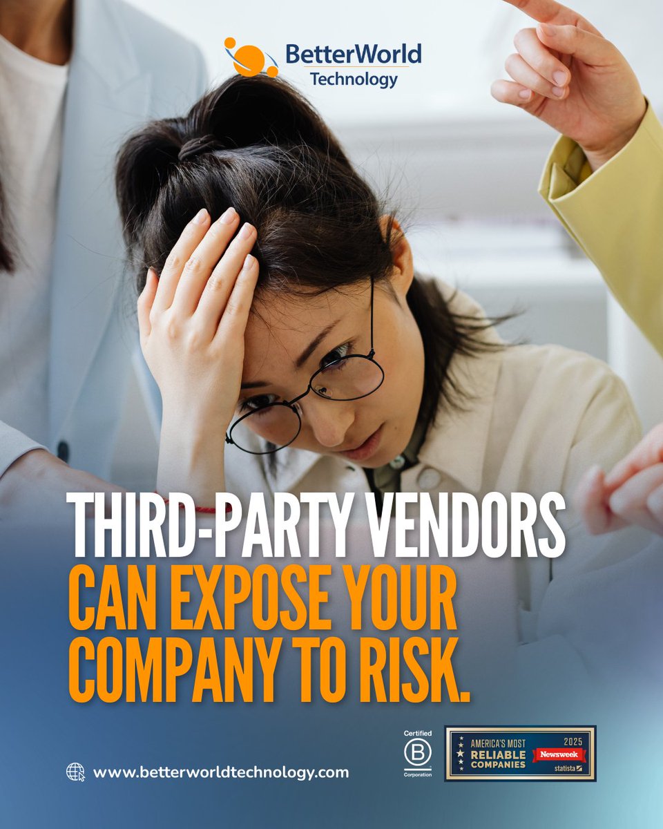 BetterWorldTech's tweet image. Third-party vendors can expose your company to risk. BetterWorld helps you build a vendor risk management program with clear SLAs, compliance checks, and security scoring. 

Protect your business from potential vulnerabilities and ensure that your partnerships are secure and…