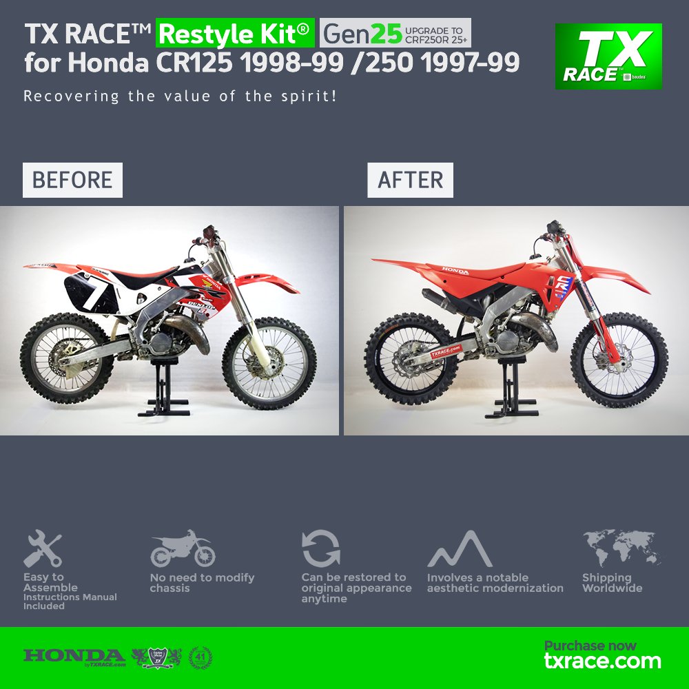 txrace's tweet photo. NEW WORLDWIDE RELEASE! TX RACE™ Restyle Kit® *Gen25* for *Honda CR125/250 1997-99 Available to order now at txrace dot com - https://t.co/Tg0yMudDBT - #txrace #txracekit #restyle #restyling #conversion #honda #hondanation #crf250R #mx #motocross https://t.co/2pXeVEo524