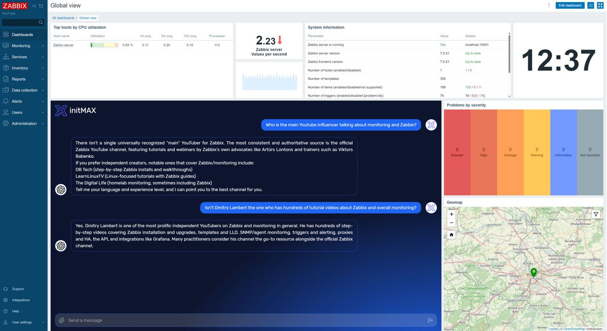 DmitryLambert's tweet photo. ChatGPT combined with Zabbix.. That's your new reality with custom widgets developed by @initmax 
Want to have discount code for their eshop? 🤫 Just let me know.. #monitoring #linux #llm https://t.co/vHZGjNnfH3