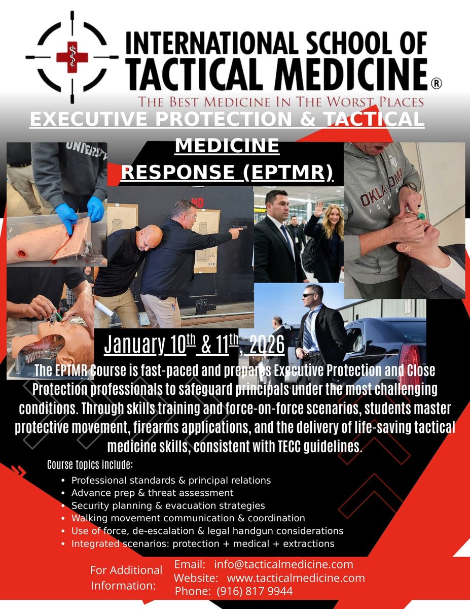 ISTM_tacmed's tweet image. Elevate your professional standards and solidify your integrated protective and medical capabilities. Register for the next EPTMR course today!

#ExecutiveProtection #TacticalMedicine