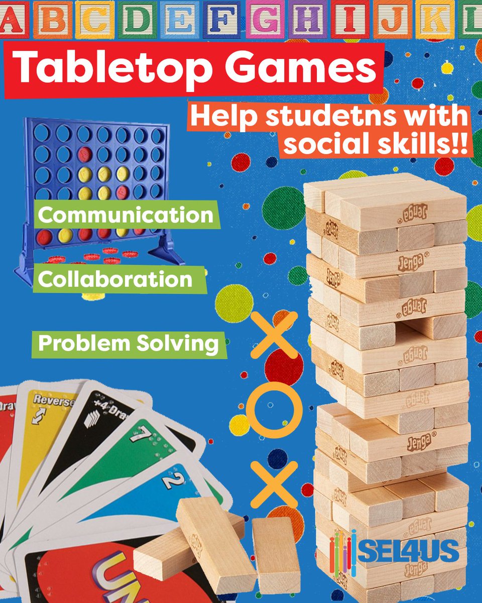 SEL4USA's tweet image. Tabletop games like Uno, Jenga, and Connect Four help young students with many social skills!

Check out more from @Edutopia here loom.ly/tdvONB0

#SEL #brainbasedlearning #emotionalregulation #education #teaching