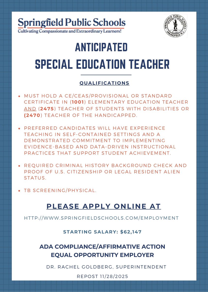 SpringfieldSchs's tweet image. Anticipated Special Education Teacher
@NJSchoolJobs

To Apply: applitrack.com/springfield/on…