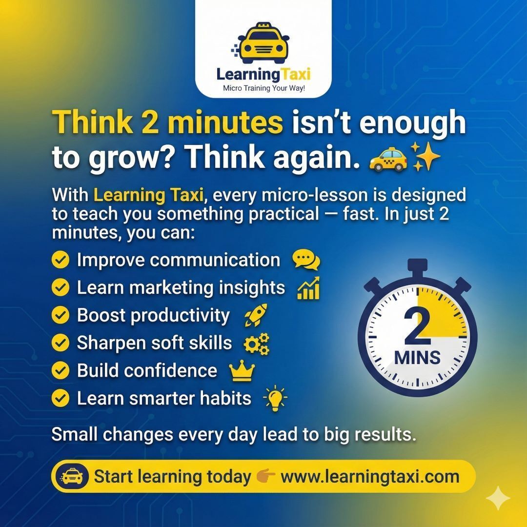 LearningTaxi's tweet image. Think 2 minutes  isn&apos;t enough to grow? Think Again.
Small Changes every day lead to big results.
learningtaxi.com

#LearningTaxi #MicroLearning #LearnIn2Minutes #SkillUp #FastLearning #DigitalLearning #EdTech #GrowEveryday #SelfImprovement #OnlineCourses #ShortVideos