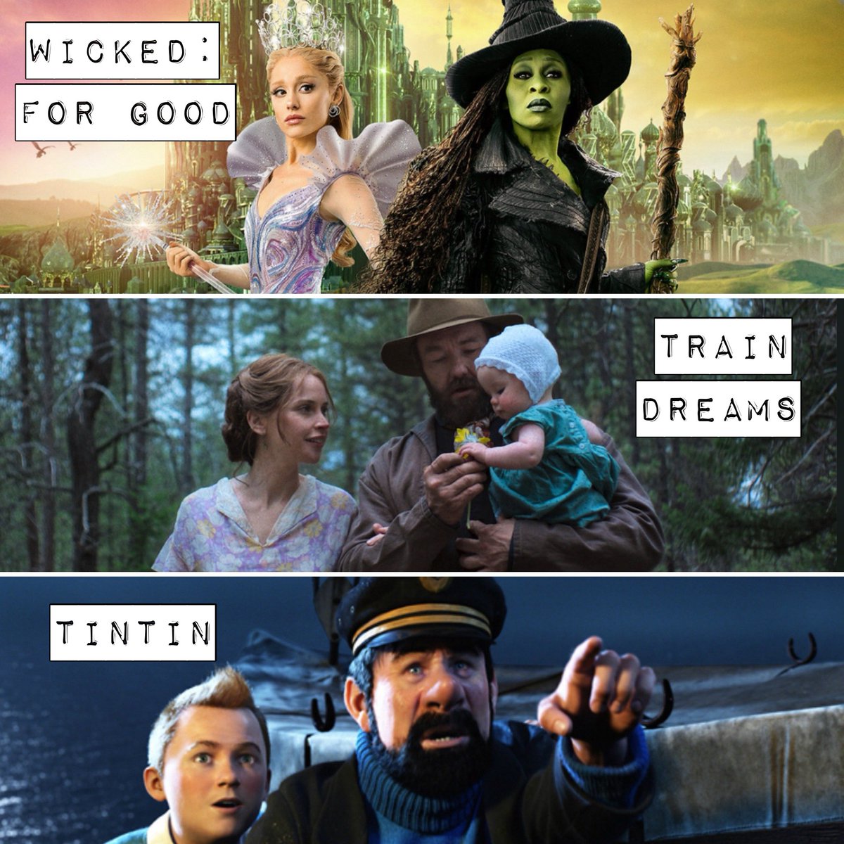 Nästa veckas avsnitt pratar vi om: Wicked: For Good (bio), Train Dreams (netflix) och Tintin (viaplay) Trevlig filmhelg! 😊🎬🎶
