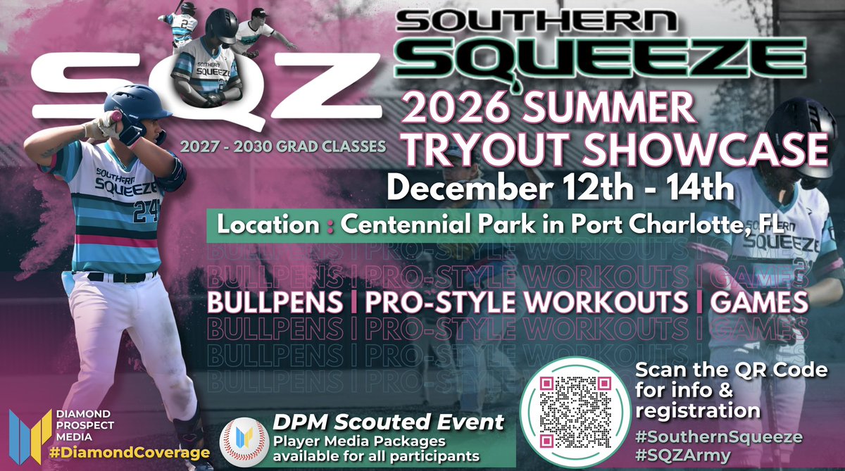 DiamondProMedia's tweet image. The @SQZBaseball 2026 Summer Tryout Showcase is coming from December 12-14th! We’ll have full #DiamondCoverage throughout the event and player media packages available for all participants. Use the code DPM20 today to take off 20% for player media packages diamondprospectmedia.com/eventsignups/s…