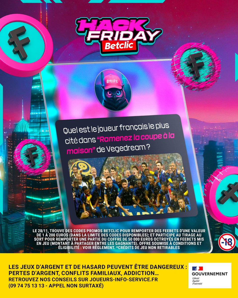 Betclic's tweet image. 👾 ENCOOOORE UN HACK QUIZ

💰 5×5€ de Feebets* à gagner parmi ceux qui trouvent la bonne réponse !!

🔥 RT + ta réponse + ton pseudo et #HackFridayBetclic