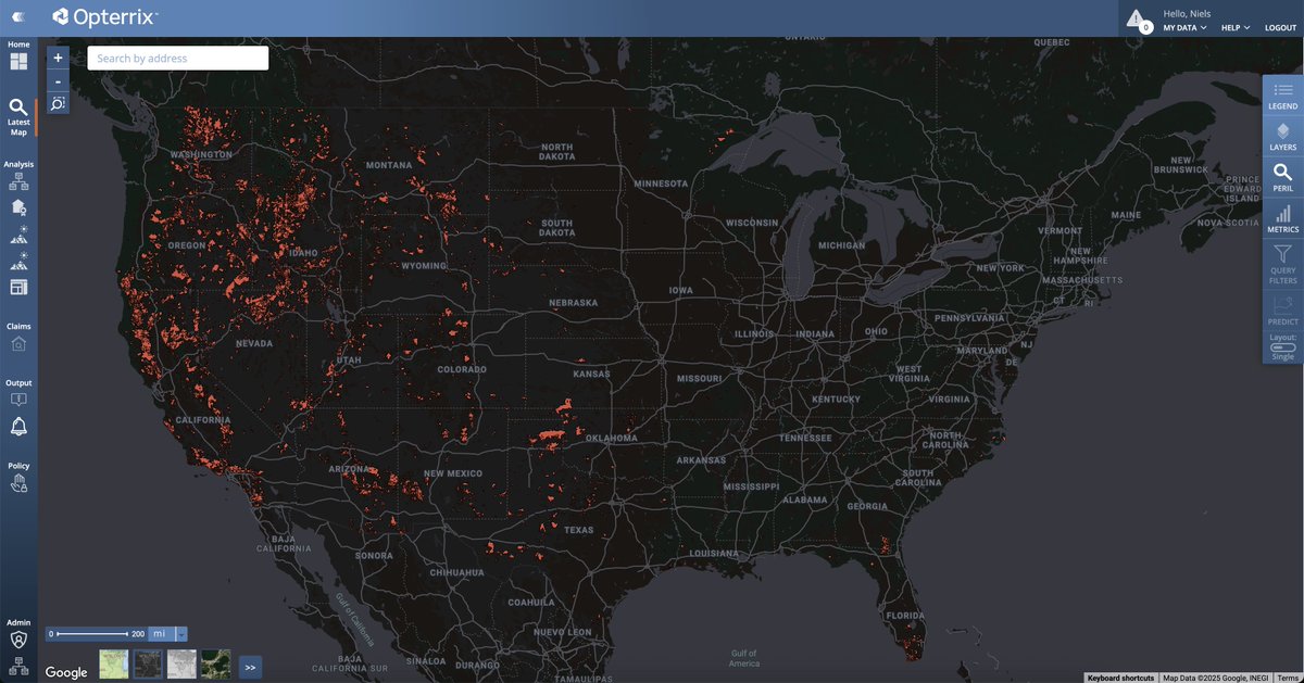 opterrix's tweet image. Visualizing the NIFC wildfire archive for #30DayMapChallenge. Deep red perimeters show 25 years of history. Overlaps indicate repeated activity—vital data for underwriters distinguishing persistent exposure from isolated events.
#WildfireRisk #InsurTech #Underwriting #Geospatial