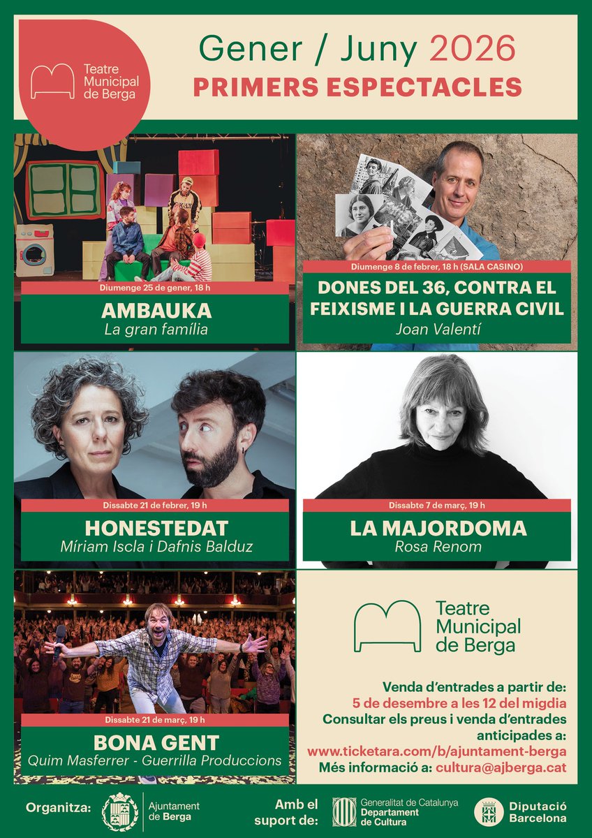 📢 El 5 de desembre, a les 12 del migdia, s’activarà la venda d’entrades en línia pels primers espectacles de la nova temporada del Teatre Municipal: Ambauka (25 de gener), Dones del 36 (8 de febrer), Honestedat (21 de febrer), La majordoma (7 de març) i Bona gent (21 de març).