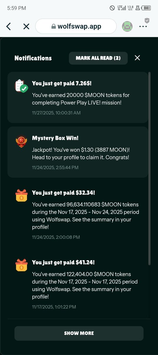Blazetbf's tweet image. Just won 7.2$ in one of @wolfswapdotapp
Missions 

Now tell me 

How many dexes give out weekly rewards to their creators? 
Or host lots of trading contests with mad prizes 
Or give mystery boxes just for trading 

Or host missions like @delphitrade did and rewarded 20k $MOON…