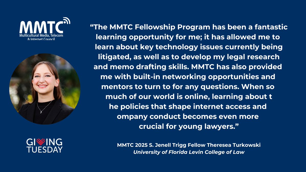 mmtconline's tweet image. Learn about the fellowship experience of Theresea Turkowski, MMTC 2025 S. Jenell Trigg Fellow, a 3L @UFLaw.  

Become our #GivingTuesday partner on Dec. 2 &amp;amp; help us train more students like Theresea in 2026.

DONATE: mmtconline.org/support-mmtc