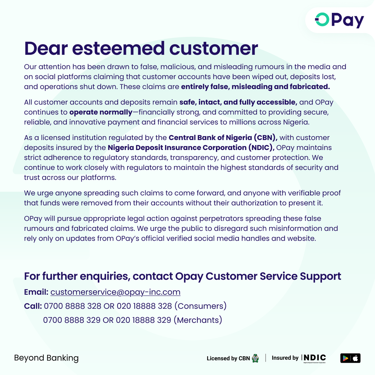 OPay_NG's tweet image. Attention! ⚠️ 
Please read carefully- OPay continues to fully operate, and your funds remain safe , intact and accessible. 
  
#OPayNigeria #BeyondBanking #CustomerFirst #SafeandSecure