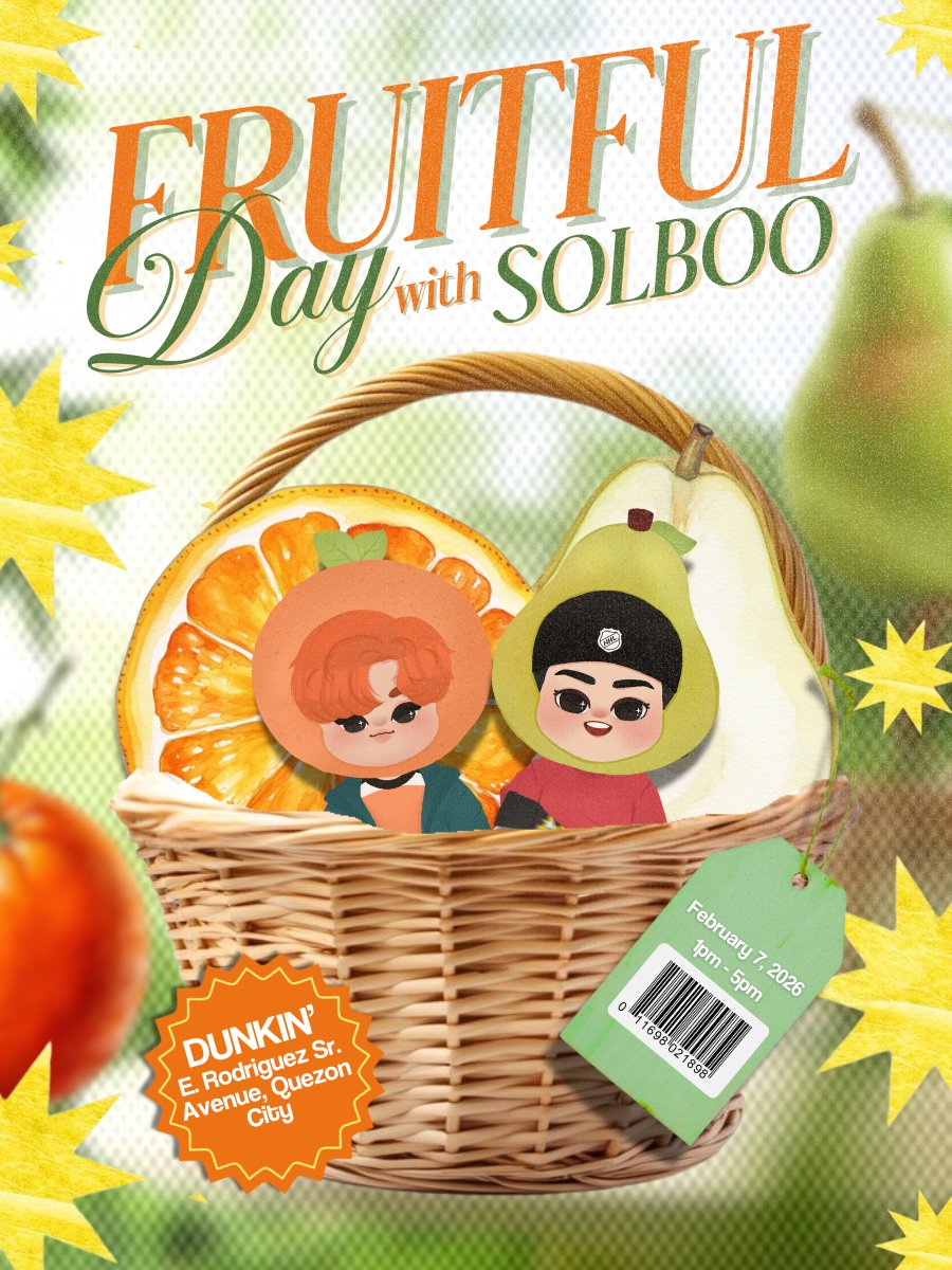 withsolboo's tweet image. have your baskets ready — solboo season is here 🍊🍃

a cozy cupsleeve for our sweetest pair! fruity fun, warm smiles, and solboo charm await 🍐✨

📍Dunkin Donuts, E. Rodriguez 
📅 02.07.2026
registration opens on dec. 13, 7pm

#FruitfulDaysWithSolboo