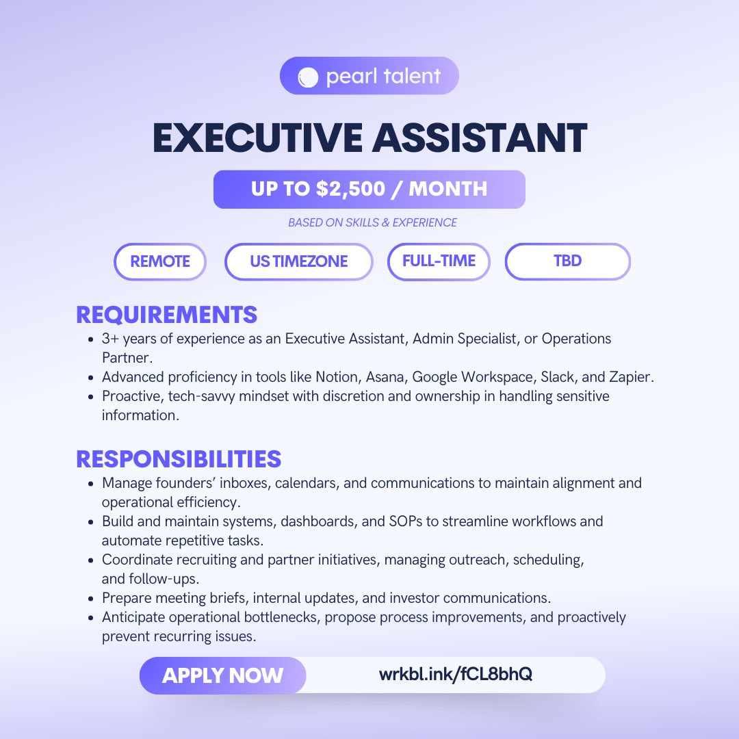 pearltalentco's tweet image. We’re Hiring! 

📌 Executive Assistant ($2,500/mo). 
📌 3+ years of experience as an EA, Admin Specialist, or Operations Partner
📌 US timezone, 8AM-5PM PST. 
📌 Apply: wrkbl.ink/fCL8bhQ

#executiveassistant #admin