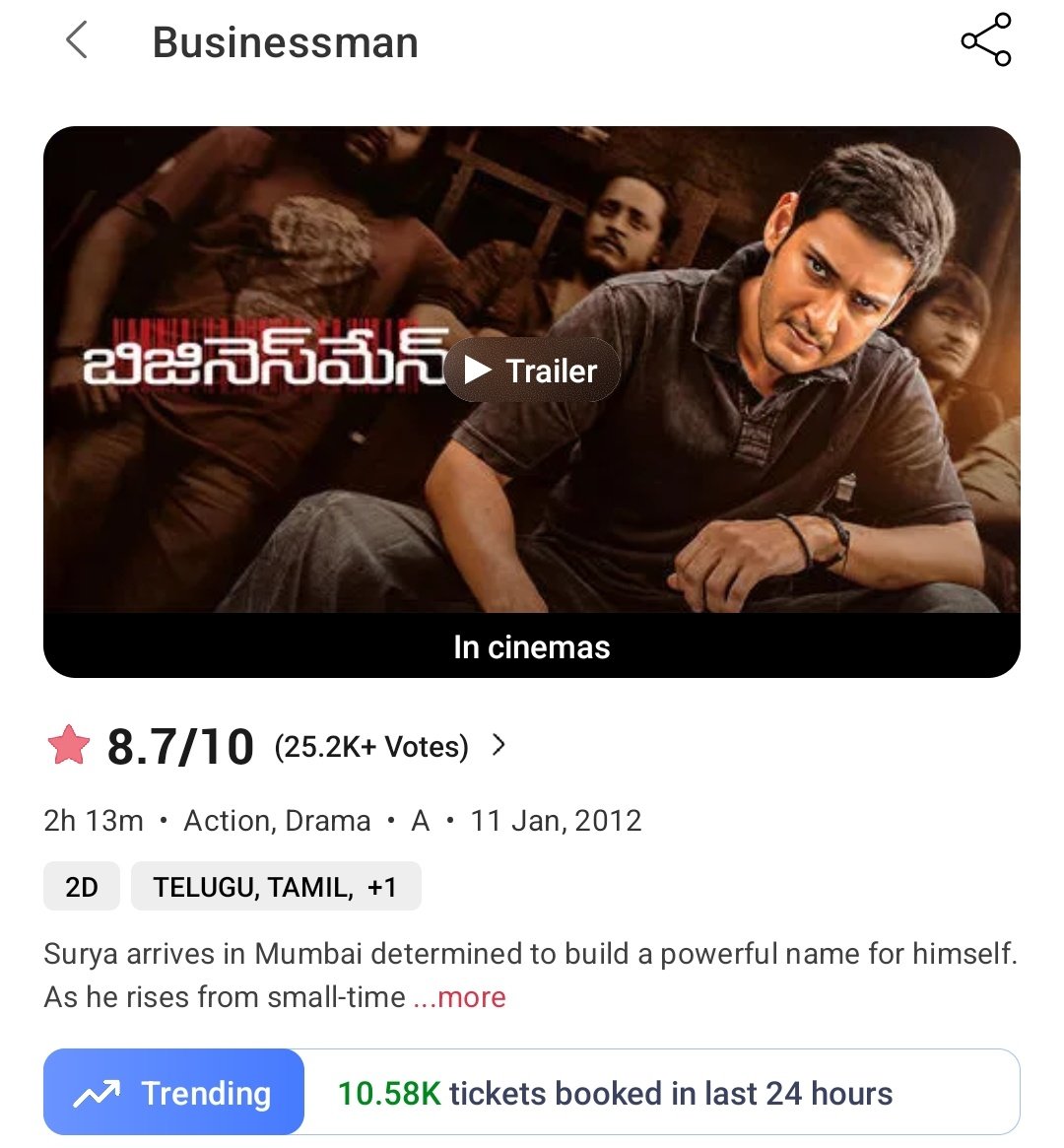 TrackTwood's tweet image. #Businessman is re-releasing for the 3rd time without any special occasion and has clocked 40L in BMS advance bookings in Hyderabad City for tomorrow, with 60% occupancy.

 This is what we call true superstardom. When it comes to re-releases, #MaheshBabu is undisputed, and he…