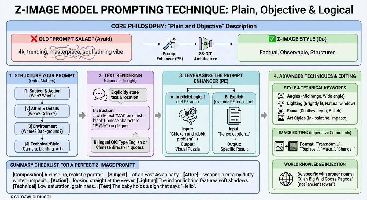 OMG just deep-dived the Z-Image docs and wow... there are some useful tips about prompting.

1. Talk like a robot: plain, cold, objective facts only
2. Want perfect text? Quote it like
3. Prompt order that slaps: Subject > clothes > place > lighting > camera > style
4. Use prompt