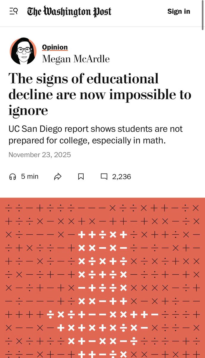 “Bajar estándares, eliminar pruebas estandarizadas, inflar calificaciones… No estamos construyendo mejores estudiantes, solo disfrazamos la mediocridad. La educación real exige honestidad."  Washington Post:
Más del 8 % de los nuevos estudiantes en UC San Diego necesitan clases