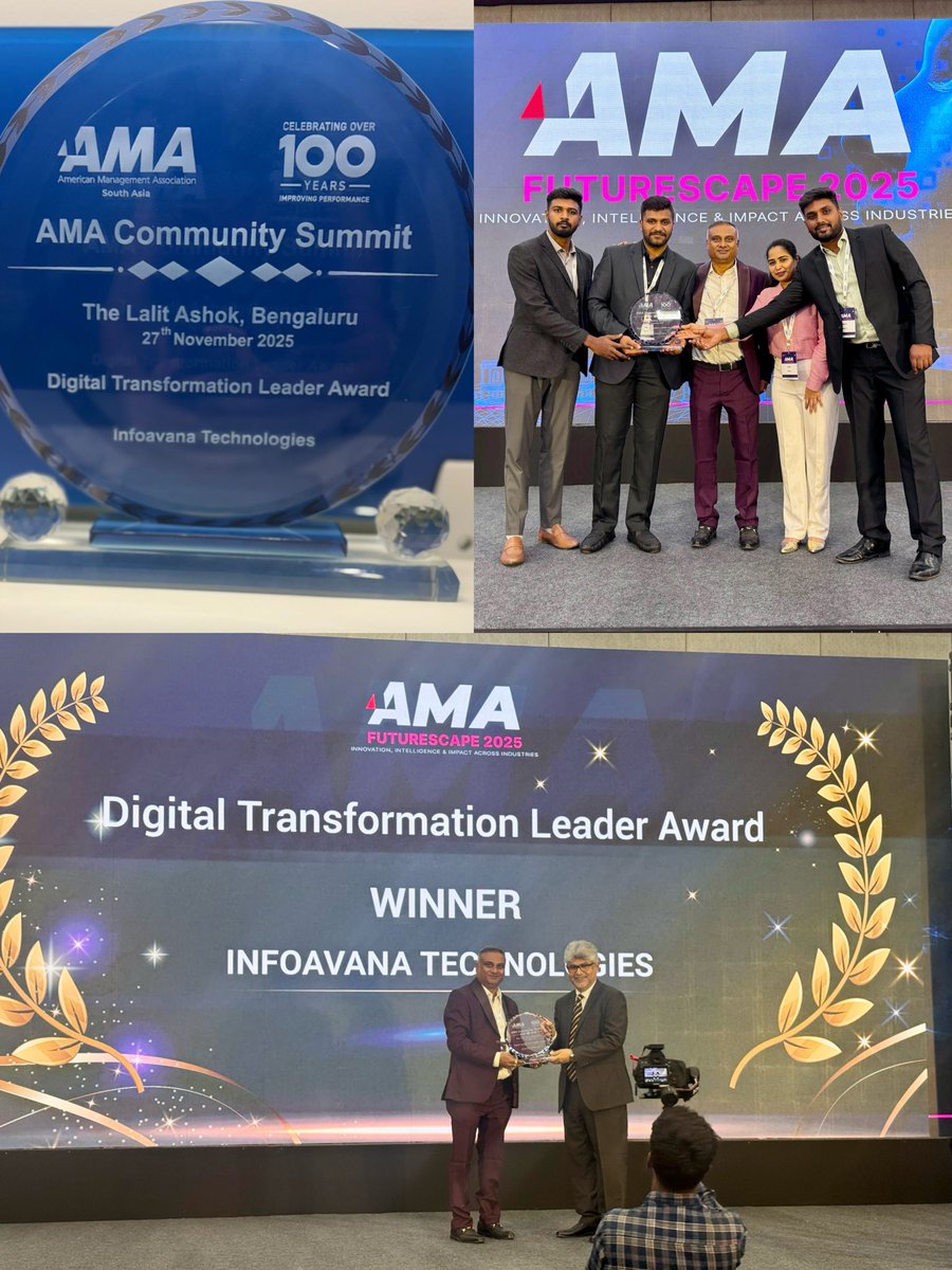 infoavana's tweet photo. We are delighted to share that Infoavana Technologies has been honoured with the *Digital Transformation Leader Award* by the American Management Association (AMA) at the AMA Community Summit held at The Lalit Ashoka, Bengaluru on 27th November 2025 #amaawards2025 https://t.co/05tvu9wTtR