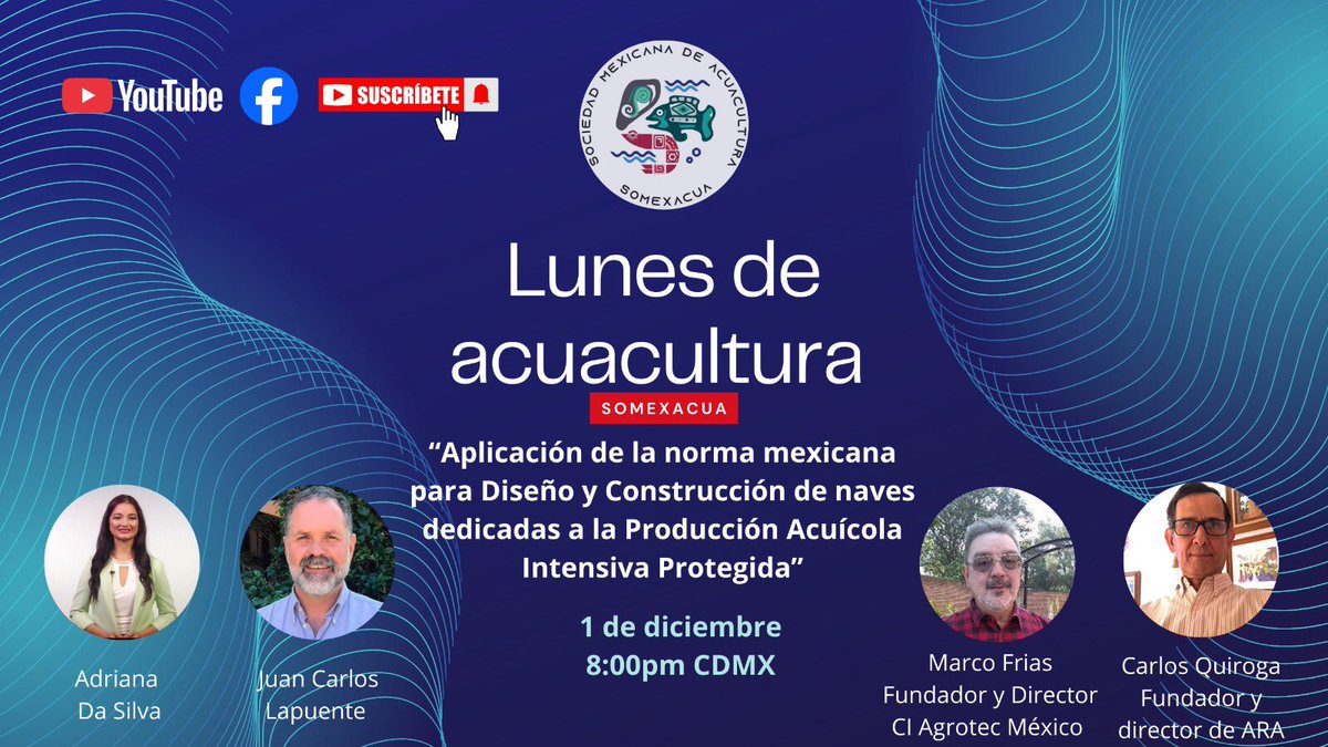 Lunes de acuacultura con la SOMEXACUA. 
1 de diciembre

🔴 En vivo por Facebook y YouTube de @SOMEXACUA
#Acuacultura #Acuicultura #Construccion #SOMEXACUA #LunesDeAcuacultura

facebook.com/share/1FdaeKtb…
youtube.com/watch?v=97f0f6…