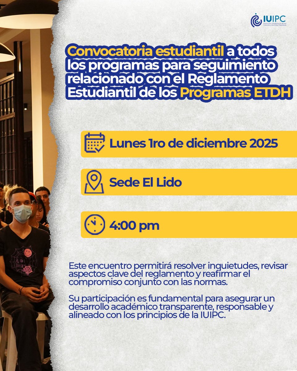 📢 Te invitamos a un espacio clave para revisar y hacer seguimiento al Reglamento Estudiantil de los programas ETDH.
Una oportunidad para resolver dudas, aclarar puntos importantes y fortalecer nuestro compromiso académico.
📍 Sede El Lido
📅 Lunes 1 de diciembre
⏰ 4:00 p. m