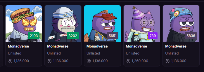 guto_hidalgo's tweet image. Mouch, Chog, Salmonad, Moyaki and Molandak on @monadverse