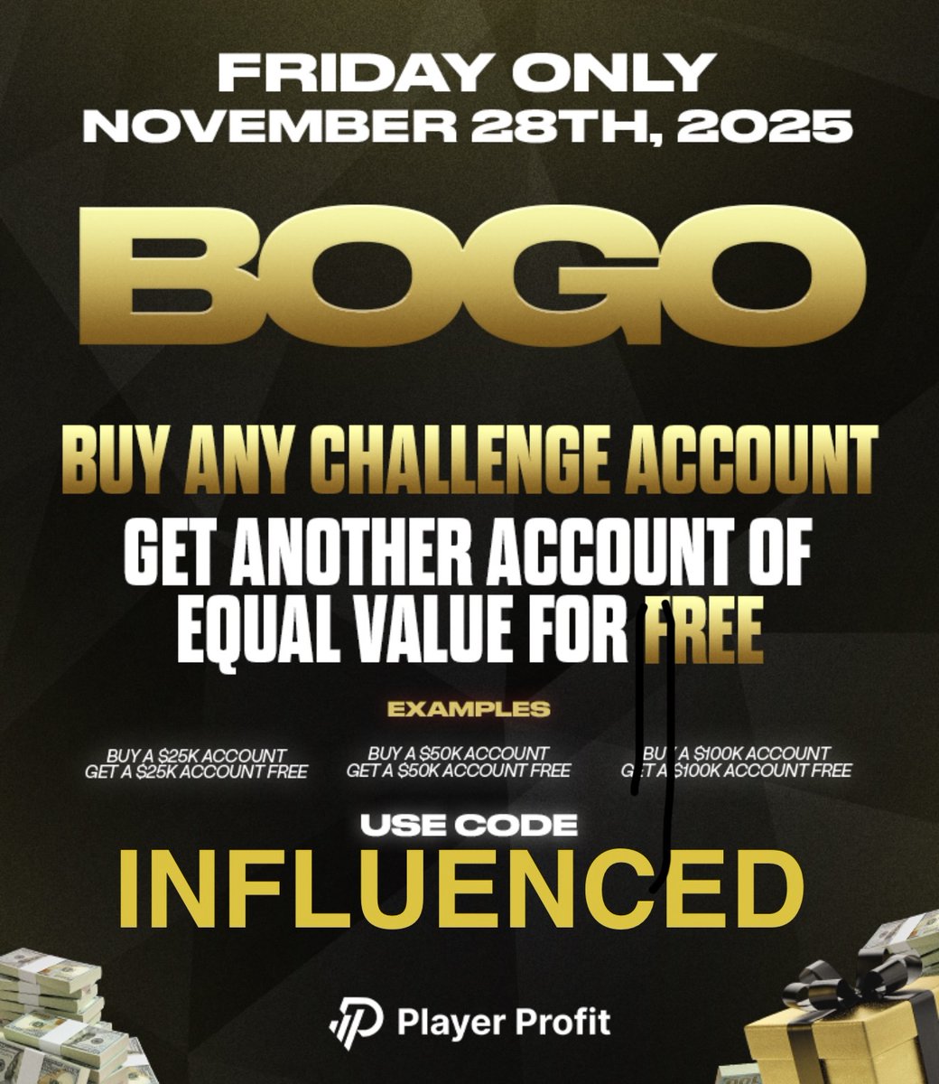 BLACK FRIDAY BOGO IS LIVE W PLAYER PROFIT🚨

Buy ANY $25K+ Challenge Account and get another account of EQUAL value for FREE ⬇️

• Buy a $25K → get a $25K FREE
• Buy a $50K → get a $50K FREE
• Buy a $100K → get a $100K FREE

Code: 𝗜𝗡𝗙𝗟𝗨𝗘𝗡𝗖𝗘𝗗 for 10% OFF and lock