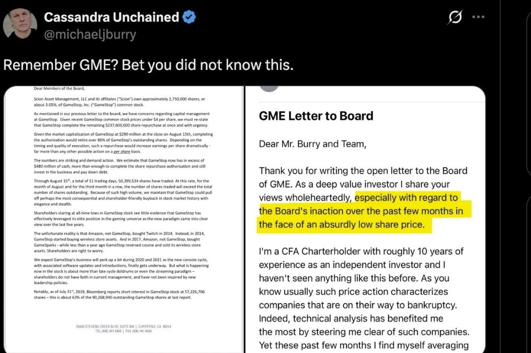 Natep717's tweet image. 📢 #GMENEWS Michael Burry just posted this⚠️
And the news is eating it up GME SECUALTION I LOVE IT💯🚀
MICHAEL BURRY posted An email he received from roaring kitty from about 5 years ago. #GME #GMEStock ‼️