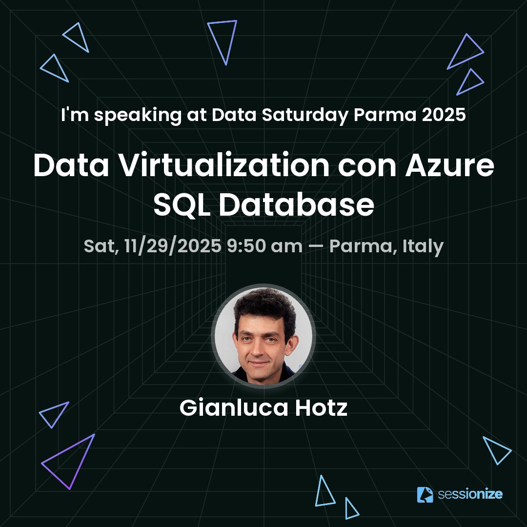 glhotz's tweet image. Ci vediamo domani al Data Saturday Parma 2025! Vi parlerò di Data Virtualizazion con Azure SQL Database (ma anche SQL Server 2025 dato che è stato rilasciato).  #AzureSQLDatabase #AzureSQL #AzureSQLDB #SQLServer2025 #datasat77 #datasatParma #SQLServer #SQLFamily