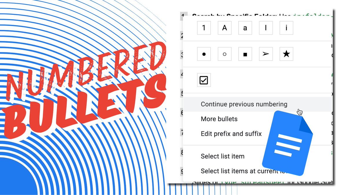 alicekeeler's tweet image. Do you ever have a numbered list and have to stop the list but come back to it? If you right click on the new numbering in a Google Doc, you can continue the previous numbering. 

#GoogleWorkspace #GoogleDocs #GoogleEDU