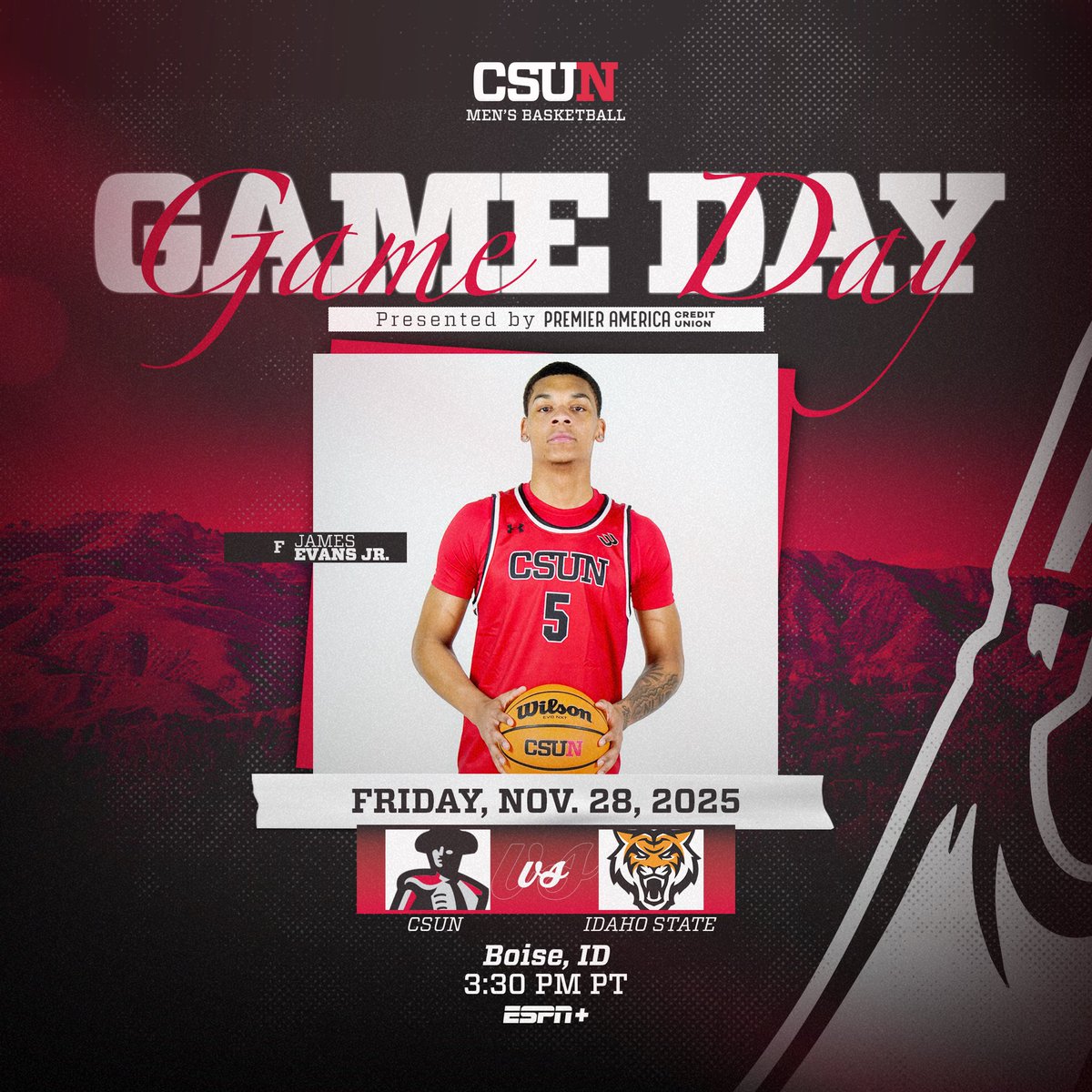 CSUNMBB's tweet image. Game Day in Boise

🆚 Idaho State
⏰ 3:30 pm PT
📍 Idaho Central Arena
📺 ESPN+
💻 tinyurl.com/mwd6zmjz
📻 GoMatadors.com/Radio
📊 tinyurl.com/4ky7rsb2

#GoMatadors