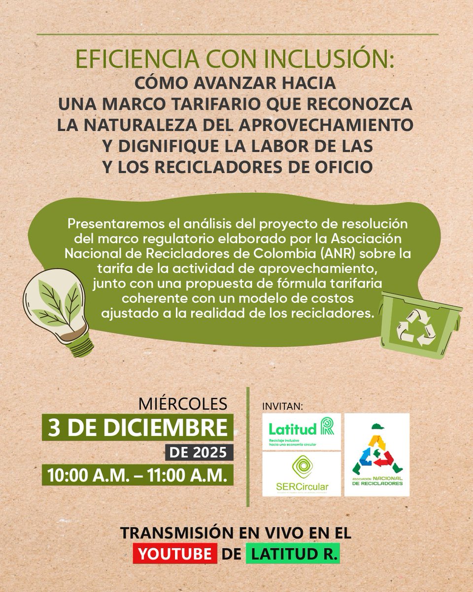 Este 3/10, de 10:00 a.m. a 11:00 a.m.(Colombia), acompáñanos en la transmisión en vivo donde analizaremos el proyecto de resolución del marco tarifario para la actividad de aprovechamiento y la labor de los recicladores.
Registro: form.typeform.com/to/DfUj0osY