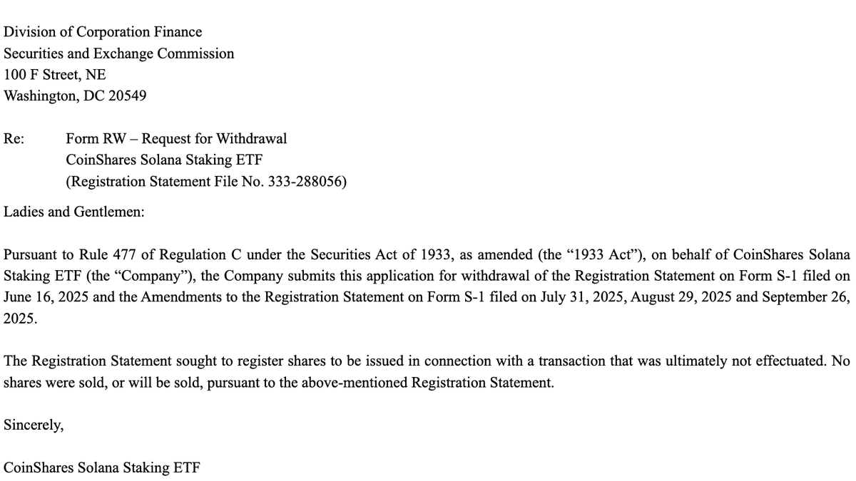 🚨JUST IN: @CoinSharesCo has filed to withdraw its Form S-1 for the CoinShares  Solana Staking ETF.