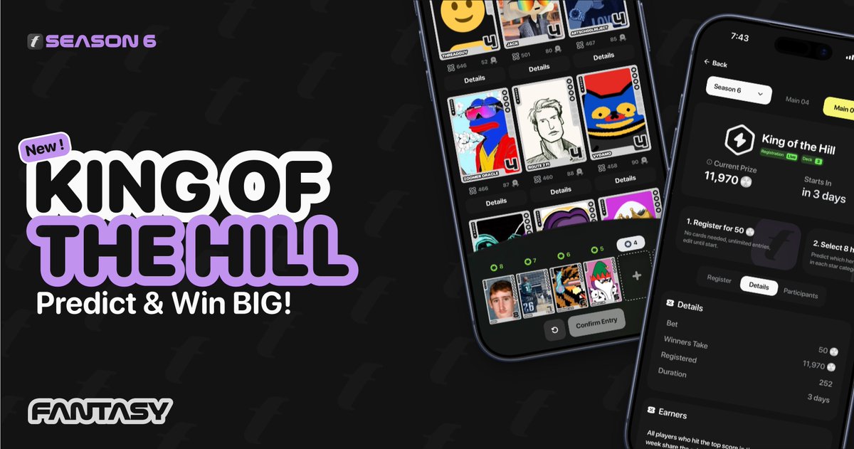 King of the Hill is LIVE 👑🏔️

Fantasy’s newest game mode is now LIVE TO PLAY in the app!

This simple prediction game lets anyone jump into the competition, no cards needed, with the chance to go for uncapped gains each week.

Learn how to play below ⏬