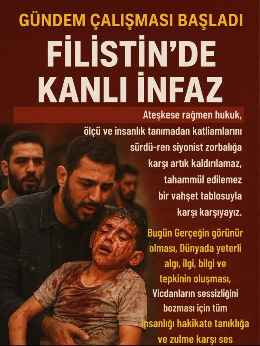 🩸 “Filistin’de Kanlı İnfaz” başlığı ve
🔴 #BloodyExecutionInPalestine etiketiyle..
Devam:
♦️♦️♦️♦️♦️♦️
Bugün;
📢 Gerçeğin görünür olması,
📢 Dünyada yeterli algı, ilgi, bilgi ve tepkinin oluşması,
📢 Vicdanların sessizliğini bozması için

Tüm insanlığı hakikate tanıklığa ve