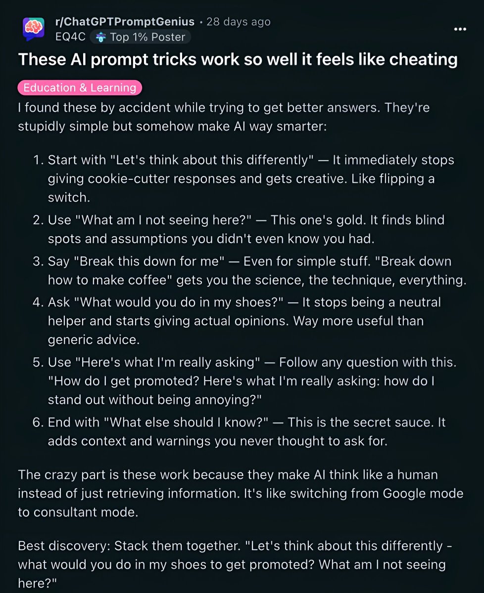 simplifyinAI's tweet image. This guy literally dropped the 6 prompt tricks that will change how you think