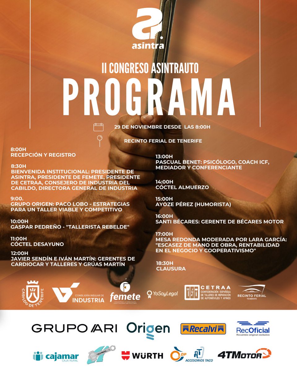 ASINTRATENERIFE's tweet image. 🔔🔔🔔 Recuerda que tienes disponible el #programa del II Congreso de #Asintrauto 2025 en el Recinto Ferial de #Tenerife. Conoce todo el contenido y acompáñanos en esta edición que marcará un antes y un después en el sector.
 
🗓️Te esperamos mañana desde las 8:00 horas.
